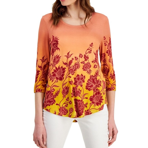 JM Collection Floral Print Top Lace-Up 3/4 Sleeve Blouse Orange Size L NWT - Picture 1 of 8